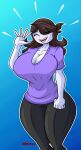  1girl 5_fingers big_ass big_ass big_breasts black_hair blue_background closed_eyes hips hourglass_figure huge_ass huge_ass huge_breasts huge_thighs jaiden_animations leggings purple_shirt richdraw smile tall_female thick_thighs youtuber 
