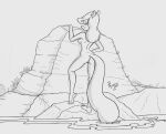 1girl 1girl 2011 animaniacs anthro areola ass blonde_hair breasts genitals hair looking_at_viewer mammal minerva_mink mink monochrome mustelid musteline nipples nude outside poland_(artist) pussy rock side_boob skinny_dipping smile standing true_musteline warner_brothers water 