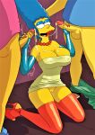  big_breasts big_penis blue_hair cum_in_mouth erect_nipples_under_clothes erect_penis gloves handjob high_heels kneel latex_stockings marge_simpson no_panties pearls pussy_juice shaved_pussy the_simpsons thighs threesome yellow_skin 