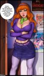  1girl alternate_version_available arms_crossed arms_crossed_under_breasts aroma_sensei beauty_mark big_breasts big_breasts bra cleavage clothing daphne_blake dialogue english_text female_focus female_only green_eyes hanna-barbera legs lips long_hair midriff mole_on_breast nipples offscreen_character offscreen_female orange_hair piercing pose scooby-doo short_hair solo_female solo_focus speech_bubble tagme text thick_lips thick_thighs thighs wide_hips 