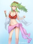  1girl 1girl alluring big_breasts bikini blue_background breasts choker cleavage closed_mouth fire_emblem fire_emblem_awakening fire_emblem_heroes gradient_background green_eyes green_hair hair_ribbon high_res long_hair looking_at_viewer medium_breasts navel nintendo pointy_ears red_bikini ribbon simple_background smile spiffydc standing swimsuit tiara tiki_(adult)_(fire_emblem) tiki_(adult)_(summer)_(fire_emblem) tiki_(fire_emblem) twitter_username 