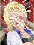 android_18 blonde_hair blue_eyes cum cum_in_mouth cum_on_face cumshot dragon_ball_z facial multiple_penises one_eye_closed open_mouth short_hair tongue_out
