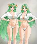  alluring bangs bare_legs bare_thighs big_breasts blush breasts cameltoe circlet cleavage collarbone cropped_shirt curvy fire_emblem fire_emblem:_three_houses flower forehead_jewel goddess green_eyes green_hair grey_background hair_flower hair_ornament high_res hourglass_figure kid_icarus kid_icarus_uprising long_hair long_sleeves looking_at_viewer midriff multiple_girls navel nintendo no_pants palutena panties parted_bangs rhea_(fire_emblem) sendrawz shirt signature simple_background smile tassel thick_thighs thighs trait_connection underwear very_long_hair white_panties white_shirt wide_hips 
