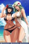  2021 2_girls alluring alternate_costume arm_around_waist artist_signature bare_legs beach big_breasts bikini black_bikini black_swimsuit blue_sky breasts byleth_(female) byleth_(fire_emblem) byleth_(fire_emblem)_(female) cameltoe cleavage cropped_legs female_focus female_only fire_emblem fire_emblem:_three_houses fire_emblem_heroes flower flower_hair_ornament flower_in_hair green_eyes green_hair gumroad_logo gumroad_username hair_flower hair_ornament high_res hips holding_object hourglass_figure huge_breasts innertube jewelry lips long_hair looking_at_viewer luminyu medium_hair multiple_girls naughty_face navel necklace nintendo official_alternate_costume outside parted_lips patreon_logo patreon_username purple_eyes red_flower rhea_(fire_emblem) rhea_(summer)_(fire_emblem) sand seagull shiny_skin slim_waist smile smiling_at_viewer stomach suggestive_look swimsuit teal_hair thick_lips thick_thighs thigh_gap thighs toned twitter_logo twitter_username water white_bikini white_clothing white_swimsuit wide_hips 