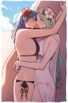  2_girls alluring alternate_costume arms_around_neck arms_around_waist big_breasts bikini black_bikini black_swimsuit blue_eyes blush border breast_press breasts byleth_(female) byleth_(fire_emblem) byleth_(summer)_(fire_emblem)_(female) cleavage cloud commentary_request day embrace eye_contact female_only fire_emblem fire_emblem:_three_houses fire_emblem_heroes flower from_side green_eyes green_hair hair_between_eyes hair_flower hair_ornament head_wreath hibiscus high_res higher_resolution_duplicate ikarin imminent_kiss long_hair looking_at_another multiple_girls nintendo official_alternate_costume older_female outside parted_lips pink_flower pointy_ears profile red_flower rhea_(fire_emblem) rhea_(summer)_(fire_emblem) see-through sky sweat swimsuit symmetrical_docking teal_hair very_long_hair white_bikini white_border white_swimsuit yuri 