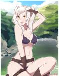  1girl 1girl absurd_res alluring beach bikini breasts cape cleavage day fire_emblem fire_emblem_awakening fire_emblem_heroes high_res long_hair nintendo robin_(fire_emblem) robin_(fire_emblem)_(female) sarukaiwolf swimsuit twin_tails under_boob white_hair 