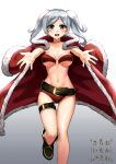  1girl :d alluring belt boots breasts brown_eyes buruma christmas coat collarbone cowfee fire_emblem fire_emblem_awakening fire_emblem_heroes fur-trimmed_coat fur_trim gradient_background grey_background incoming_hug jewelry long_hair looking_at_viewer medium_breasts navel necklace nintendo o-ring o-ring_top open_mouth outstretched_arms red_burum robin_(fire_emblem) robin_(fire_emblem)_(female) santa_costume silver_hair simple_background smile thigh_strap twin_tails white_background 