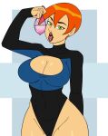  1girl 1girl 1girl ben_10 big_breasts boob_window breasts cartoon_network cleavage cleavage_cutout clothed donchibi earrings female_only filled_condom future_gwen_tennyson green_eyes gwen_tennyson leotard lipstick looking_at_viewer nipples_visible_through_clothing open_mouth orange_hair red_hair revealing_clothes short_hair short_orange_hair thick_thighs tongue_out used_condom 