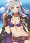  1girl 1girl alluring belt bikini blue_sky brown_eyes brown_gloves closed_mouth cloud day fire_emblem fire_emblem_awakening fire_emblem_heroes food gloves high_res jewelry long_hair maji_(majibomber) necklace nintendo outside popsicle robin_(fire_emblem) robin_(fire_emblem)_(female) sky smile swimsuit twin_tails water white_hair 
