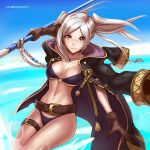  alluring big_breasts bikini breasts cloak fire_emblem fire_emblem_awakening fire_emblem_heroes gloves grin holding hybridmink jewelry looking_at_viewer necklace nintendo ocean robin_(fire_emblem) robin_(fire_emblem)_(female) smile swimsuit twin_tails under_boob water white_hair 