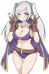  1girl 1girl absurd_res alluring belt big_breasts bikini breasts cleavage closed_mouth fire_emblem fire_emblem_awakening fire_emblem_heroes heart heart-shaped_pupils high_res jewelry necklace nintendo o-ring o-ring_bikini one_eye_closed robin_(fire_emblem) robin_(fire_emblem)_(female) simple_background smile swimsuit symbol-shaped_pupils twin_tails white-stew white_background white_hair 