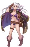 1girl alluring belt bikini breasts brown_eyes brown_gloves cleavage closed_mouth fire_emblem fire_emblem_awakening fire_emblem_heroes full_body gloves high_res medium_breasts nintendo o-ring o-ring_bikini robin_(fire_emblem) robin_(fire_emblem)_(female) silver_hair simple_background smile spiffydc standing swimsuit thigh_strap twin_tails twitter_username under_boob white_background