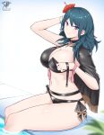 1girl 2022 absurd_res alluring alternate_costume artist_logo artist_name artist_signature bare_legs big_breasts bikini black_bikini black_cape black_swimsuit blue_eyes breasts byleth byleth_(female) byleth_(fire_emblem) byleth_(fire_emblem)_(female) cape cleavage commentary english_commentary eyebrows_visible_through_hair female_only fire_emblem fire_emblem:_three_houses fire_emblem_heroes flower flower_hair_ornament hair_flower hair_ornament hibiscus high_res hips kaos_art knife lips long_hair looking_at_viewer navel nintendo official_alternate_costume partially_submerged pink_lips pool purple_eyes red_flower sitting slim_waist smile swimming_pool swimsuit teal_hair teasing teasing_viewer thick_thighs thighs undressing water wide_hips