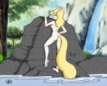  1girl 2011 animaniacs anthro areola ass blonde_hair breasts collaboration colored genitals hair looking_at_viewer mammal minerva_mink mustelid musteline nipples nude outside plant poland_(artist) pussy rock side_boob skinny_dipping smile standing tree true_musteline ubernewtype warner_brothers water waterfall 