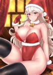  1girl 2021 absurd_res alluring alternate_costume bare_arms bare_shoulders bell bell_choker big_breasts blonde_hair blush breasts choker christmas christmas_outfit cleavage corrin_(fire_emblem) corrin_(fire_emblem)_(female) female_only fire_emblem fire_emblem_fates gloves hair_between_eyes hat high_res hips indoors kaos_art leotard long_hair looking_at_viewer nintendo pointy_ears red_eyes red_leotard santa_hat sitting skindentation slim_waist smile stockings thick_thighs thighs very_high_resolution wide_hips 