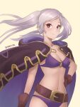  1girl 1girl alluring belt bikini breasts brown_eyes brown_gloves cleavage closed_mouth fire_emblem fire_emblem_awakening fire_emblem_heroes gloves high_res jewelry medium_breasts necklace nintendo o-ring o-ring_bikini robin_(fire_emblem) robin_(fire_emblem)_(female) simple_background smile spiffydc swimsuit twin_tails twitter_username under_boob white_hair 