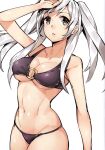 1girl alluring arm_up big_breasts bikini breasts brown_eyes cleavage collarbone cowboy_shot fire_emblem fire_emblem_awakening fire_emblem_heroes ge-b grey_eyes hair_over_shoulder high_res long_hair looking_at_viewer navel nintendo o-ring o-ring_bikini o-ring_top purple_bikini robin_(fire_emblem) robin_(fire_emblem)_(female) scan sidelocks silver_hair simple_background sweat swimsuit twin_tails white_background