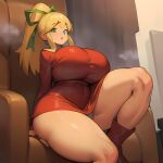  1girl aged_up ai_generated alternate_ass_size alternate_body_type alternate_breast_size big_breasts blonde_hair boots capcom chair curvaceous curves curvy_body curvy_female curvy_hips dress_shirt eyes female_focus female_only gigantic_breasts green_eyes hair_tied hips hourglass_figure huge_breasts light-skinned_female light_skin mega_man mega_man_(classic) nai_diffusion panties ponytail ribbon rockman roll roll_(megaman) sitting sitting_on_chair stable_diffusion thick_thighs thighs thunder_thighs voluptuous voluptuous_female wide_hips 