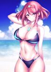  1girl absurd_res adapted_costume alluring arm_behind_head beach big_breasts bikini black_bikini blue_sky breasts chest_jewel cleavage earrings hakusai_(hksicabb) high_res jewelry milf pyra pyra_(xenoblade) red_eyes red_hair short_hair sky smile swept_bangs swimsuit tiara two-tone_swimsuit xenoblade_(series) xenoblade_chronicles_(series) xenoblade_chronicles_2 