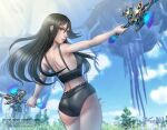1girl alluring ass bare_arms bikini black_bikini black_hair breasts cowboy_shot day dual_wielding from_below holding long_hair looking_at_viewer medium_breasts moonllita morag_ladair morag_ladair_(xenoblade) nintendo outside outstretched_arms spread_arms swimsuit whip_sword xenoblade_(series) xenoblade_chronicles_(series) xenoblade_chronicles_2