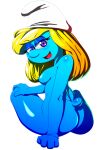  1girl anus artist_request ass black_background blonde_hair blue_skin breasts completely_nude hanna-barbera hat nipples nude purple_eyes simple_background smile smurfette the_smurfs transparent_background yellow_hair 