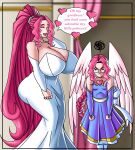 angel angel_wings angry annoyed closed_eyes feathers gigantic_ass gigantic_breasts glasses hourglass_figure laughing master_erasis pink_eyes pink_hair ponytail single_braid very_long_hair wings