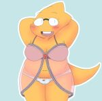 1_girl 1girl 2020s 2022 adorable alphys alphys_(undertale) anthro anthro_only aruput aruput_ut belly big_breasts blue_background blush bow_panties breasts buckteeth chubby chubby_anthro chubby_belly chubby_female cute embarrassed female_anthro female_only glasses green_background hands_behind_head lingerie lizard lizard_girl lizard_tail monster monster_girl navel nightgown non-mammal_breasts non-mammal_navel open_mouth panties pink_nightgown reptile reptile_girl reptile_tail scalie showing simple_background solid_color_background solo_anthro solo_female tail teeth undertale undertale_(series) white_panties yellow_body yellow_skin