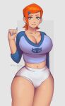  1girl ben_10 breasts cleavage crop_top female_focus female_only ginger_hair green_eyes gwen_tennyson looking_at_viewer nail_polish navel phat_smash short_shorts simple_background solo_female solo_focus thick_thighs wide_hips 