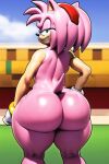  1girl ai_generated amy_rose anthro ass ass_focus bedroom_eyes bottom_heavy breasts dat_ass eulipotyphlan evil_grin female female_only fur furry gold_(metal) gold_bracelet green_eyes grin headband hedgehog huge_ass huge_thighs jewelry mammal medium_breasts novelai nude outside pink_body pink_fur pink_hair rear_view sega short_hair smirk solo sonic_the_hedgehog_(series) sweat thick_thighs thighs wide_hips 