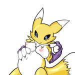  1_anthro 1_female 1_girl 3_fingers anthro anthro_canine anthro_fox big_belly blue_eyes breasts canine detached_sleeves digimon female female_anthro female_anthro_fox female_only female_renamon fox fur furry looking_down mostly_nude nipples pregnant renamon solo spread_legs standing tail toei_animation vixen white_fur yellow_fur 
