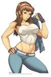  1girl alluring athletic_female belt big_breasts breasts brown_hair cleavage clenched_hand covered_erect_nipples dead_or_alive dead_or_alive_2 dead_or_alive_3 dead_or_alive_4 dead_or_alive_5 dead_or_alive_6 dead_or_alive_xtreme dead_or_alive_xtreme_2 dead_or_alive_xtreme_3_fortune dead_or_alive_xtreme_beach_volleyball dead_or_alive_xtreme_venus_vacation denim elizabeth_torque eyebrows female_abgs female_focus fingerless_gloves fit_female gloves grey_eyes hairband hand_on_own_hip high_res hitomi hitomi_(doa) jacket jacket_on_shoulders jacket_removed jeans long_hair midriff navel over_shoulder pants sidelocks tank_top taut_clothes tecmo toned 
