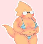 1_girl 1girl 2020s 2022 adorable alphys alphys_(undertale) anthro anthro_only aruput aruput_ut barely_visible_genitalia belly belly_grab big_belly big_breasts bikini bikini_bottom bikini_top blush breasts buckteeth cameltoe chubby chubby_anthro chubby_belly chubby_female cute embarrassed female_anthro female_only glasses glistening glistening_body grabbing_belly grabbing_own_belly green_bikini green_bikini_bottom green_bikini_top lizard lizard_girl lizard_tail looking_at_self looking_down monster monster_girl navel non-mammal_breasts non-mammal_navel orange_background pussy reptile reptile_girl reptile_tail scalie shiny_skin simple_background solid_color_background solo_anthro solo_female striped_bikini swimsuit tail teeth undertale undertale_(series) yellow_body yellow_skin