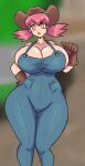 1girl big_breasts clothing cowboy_hat cowgirl full_comfort96 hourglass_figure looking_at_viewer nintendo overalls pokemon red_hair standing whitney whitney_(pokemon)