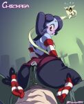  1girls 2020 ass assjob blue_skin blush bulge bulge_rubbing buttjob chickpea clothed_female clothed_male colored leviathan_(skullgirls) looking_back looking_back_at_viewer precum_through_clothing skullgirls socks squigly 