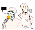 2020 2020s 2boys 2d 2d_(artwork) ? animated_skeleton blush brother brother/brother brother_and_brother brothers clothed clothing digital_media_(artwork) duo eating_food eating_popsicle english_text fontcest food implied_incest looking_at_another lowest-of-dirt lowest_of_dirt male male/male male_only monster orange_blush orange_popsicle papyrus papyrus_(undertale) papysans partially_colored popsicle redraw saliva sans sans_(undertale) skeleton spoken_question_mark suggestive suggestive_food text tumblr undead undertale undertale_(series) upper_body video_game_character video_games white_background yaoi
