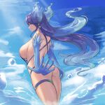1girl absurd_res alluring ass big_breasts bikini blue_bikini blue_eyes blue_gloves blue_hair blue_sky breasts brighid brighid_(xenoblade) bubble calmgreentori closed_eyes cloud commentary_request elbow_gloves fiery_hair from_side gloves gradient_hair high_res long_hair multicolored_hair nintendo outside sky smile swimsuit thigh_strap wading xenoblade_(series) xenoblade_chronicles_(series) xenoblade_chronicles_2