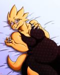  1girl 2017 alphys anthro bed belly blush breasts claws clothing cute dress eyewear furry glasses looking_at_viewer monster navel reptile scalie slightly_chubby smile teeth undertale vaughn_xero_(artist) video_games 