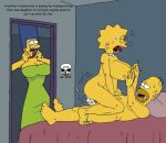  bed blue_hair breasts cheating cleavage cowgirl_position cum cum_in_orifice father_and_daughter hair homer_simpson incest lisa_simpson marge_simpson nipple_pinch nude orgasm pearls surprised tears the_fear the_simpsons yellow_skin 