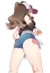 1girl ass baseball_cap blue_eyes breasts brown_hair cameltoe creatures_(company) cutoffs denim denim_shorts dummy04 female female_only female_protagonist_(pokemon_bw2) from_behind from_below game_freak hat highres hilda_(pokemon) holding holding_poke_ball humans_of_pokemon jean_shorts kneepits light-skinned_female long_hair looking_at_viewer looking_back looking_down naso4 nintendo poke_ball pokemon pokemon_(anime) pokemon_(game) pokemon_black_2_&amp;_white_2 pokemon_black_and_white pokemon_bw pokemon_bw2 short_shorts shorts simple_background solo_female thighs touko_(pokemon) white_(pokemon) white_background