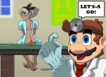  1boy 1girl absurd_res ass bea_(pokemon) blush butt_crack dialogue doctor dr._mario dr._mario_(series) embarrassed embarrassed_nude_female enf examination feet gloves grey_hair hospital_gown mario mario_(series) pokemon saitou_(pokemon) silver_eyes soles superslogger table toes weird_crossover wide_eyed 