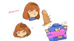 1_girl 1girl blush brown_hair cleavage cleavage_cutout clothed cum cum_on_breasts dapperdreams disembodied_penis fellatio female female_focus female_frisk female_human frisk frisk_(undertale) heart_cleavage_cutout human male/female nipple_bulge nipples_visible_through_clothing paizuri penis penis_between_breasts shoulder_cutout solo solo_female solo_focus spoken_blush straight striped_clothes striped_clothing striped_shirt undertale undertale_(series) white_background