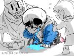 2022 animated_skeleton blue_hoodie blue_jacket bodily_fluids brothers clothed covering_mouth covering_own_mouth crying fully_clothed hooded_jacket hoodie jacket japanese_text kneel logo_(pixiv30462562) monster papyrus papyrus_(undertale) pixiv_id_30462562 puking sans sans_(undertale) skeleton solo_focus sweat tears text undead undertale undertale_(series) vomit white_background worried worried_expression