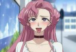  1_girl 1girl ahegao blush choker clothed code_geass dress drool drooling euphemia_li_britannia female female_only fucked_silly long_hair long_pink_hair open_mouth outdoor outside pink_hair purple_eyes royalty saliva solo tongue tongue_out 