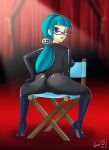 1_girl 1girl ass bespectacled blue_eyes bodysuit boots catsuit clothed equestria_girls female female_only friendship_is_magic glamourpink glasses heeled_boots high_heel_boots juniper_montage long_hair looking_at_viewer my_little_pony sitting solo tight_clothing 