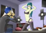  1_boy 1_girl 1boy 1girl barefoot bespectacled blue_eyes blush bra camera clothed_male equestria_girls female flash_sentry flash_sentry_(mlp) friendship_is_magic garter_straps glasses indoors juniper_montage lingerie long_hair male male/female mostly_nude my_little_pony on_knees panties photoshoot posing stockings 
