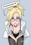 2020 activision angela_ziegler argskit blizzard_entertainment blonde blonde_hair clothed cum cum_on_tongue heart-shaped_pupils labcoat leaning_forward looking_at_viewer mercy_(overwatch) open_mouth overwatch standing stethoscope tongue_out