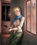  1girl against_wall ahegao areolae blonde_hair blue_eyes blush breasts female fucked_silly gun highres holster large_breasts legs looking_away navel nipples no_bra pocket resident_evil resident_evil_6 scarf serious sherry_birkin short_hair solo standing thighs thor_(deep_rising) torn_clothes unzipped very_short_hair weapon window 