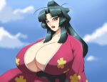  chichi_(manyuu_hikenchou) gigantic_breasts green_hair kimono manyuu_hikenchou meme303 milf purple_eyes sexy 