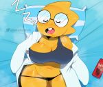1_girl 1girl alphys alphys_(undertale) anthro anthro_only breasts female female_anthro female_only furry glasses lab_coat labcoat lizard lizard_girl monster non-mammal_breasts off_shoulder pocky reptile reptile_girl scalie scrubforwork sleeping solo solo_anthro solo_female tongue_out twitter twitter_username undertale undertale_(series) yellow_body yellow_skin zzz
