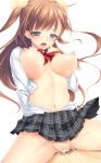  1girl ahegao blue_eyes blush bouncing_breasts breasts brown_hair clothed_sex cum cum_in_pussy fucked_silly hair_ornament long_hair momoi_komomo navel nipples open_clothes open_mouth original plaid plaid_skirt pubic_hair sex simple_background skirt tears two_side_up vaginal 